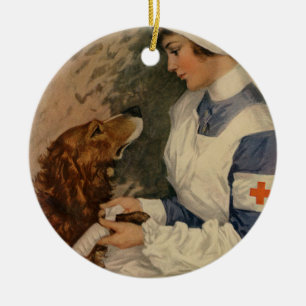 Rotkreuz-Schwester mit Golden Retriever-Haustier i Keramikornament