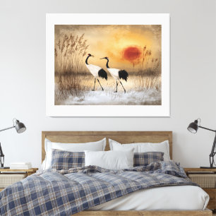 Rotkronenkraniche, Aquarell-Kunstwerk, Leinwanddruck
