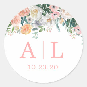 Rötlich blütige Floral Monogramm Rundkleber Runder Aufkleber