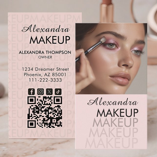 Rötlich Rosa Schrift QR-Code Foto Make-up Visitenkarte (Von Creator hochgeladen)
