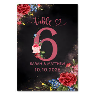 Rötliche Florale Hochzeit Tischnummer 6 Karte