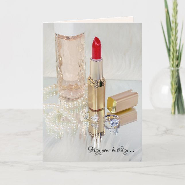 Rotlippenstift und Schmuck Geburtstag Karte (Vorderseite)