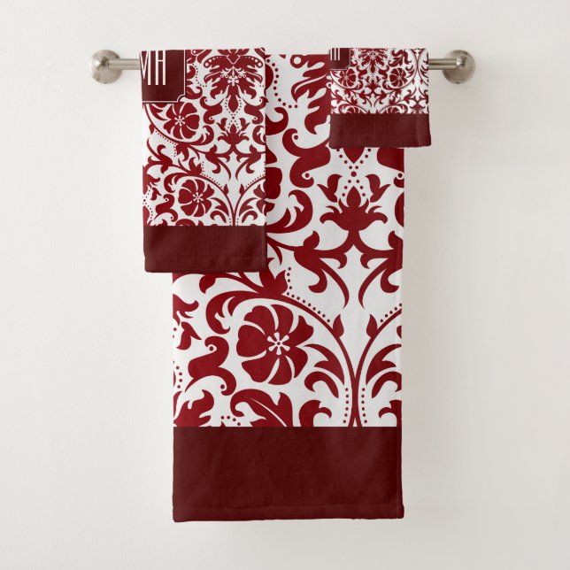 Rotmaroon und Weißes Damaskus-Muster Badhandtuch Set (Insitu)