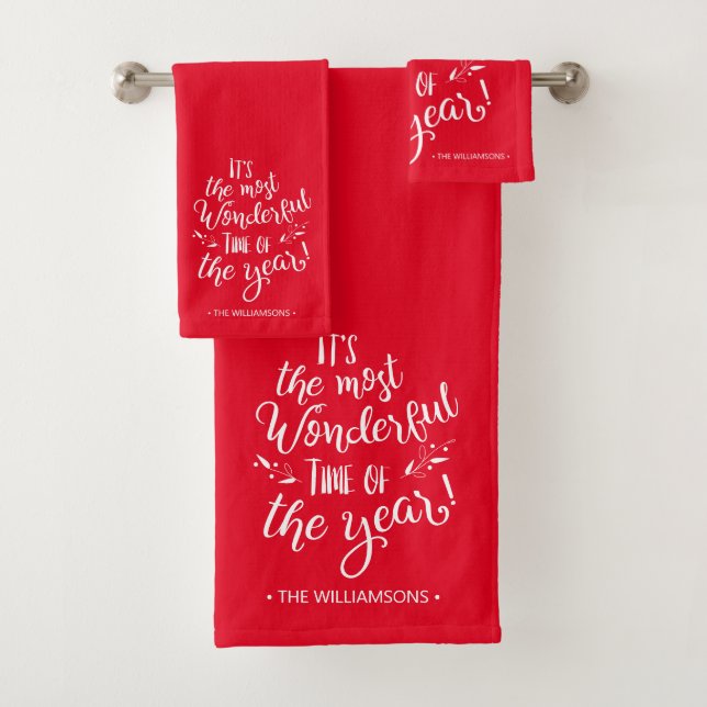 Rotmoderne Weihnachtstypografie Personalisiert Badhandtuch Set (Insitu)