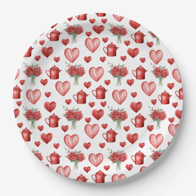 Rotmuster mit Herzen für den Valentinstag Pappteller (Vorderseite)