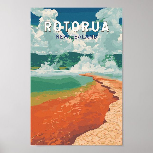 Rotorua New Zealand Illustration Travel Art Retro Poster (Vorne)