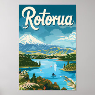 Rotorua New Zealand Vintage Travel Illustration Poster