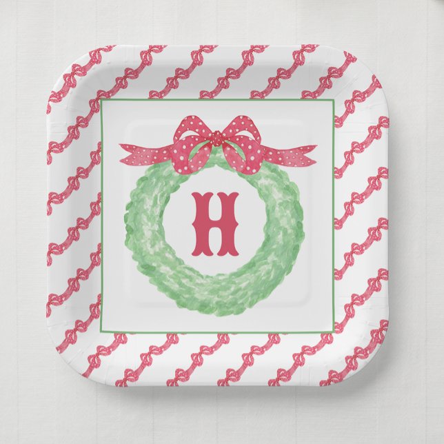 Rotpolka-Dot-Bow-Monogramm-Kränz Pappteller (Von Creator hochgeladen)