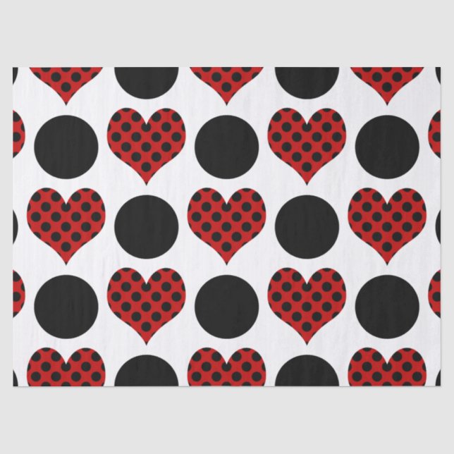 Rotpolka-Dot-Herz und schwarzes Kreislaufmuster Seidenpapier (Vorderseite)