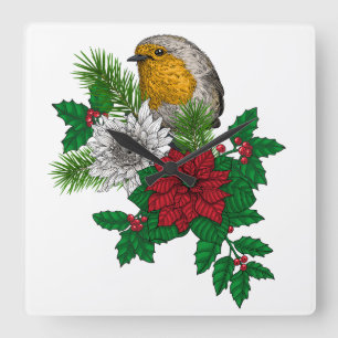 Rotrobin auf Christhmas Dekoration Quadratische Wanduhr