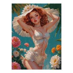 Rotschopf-Pin-Up-Daisy-Hut Blumen Poster