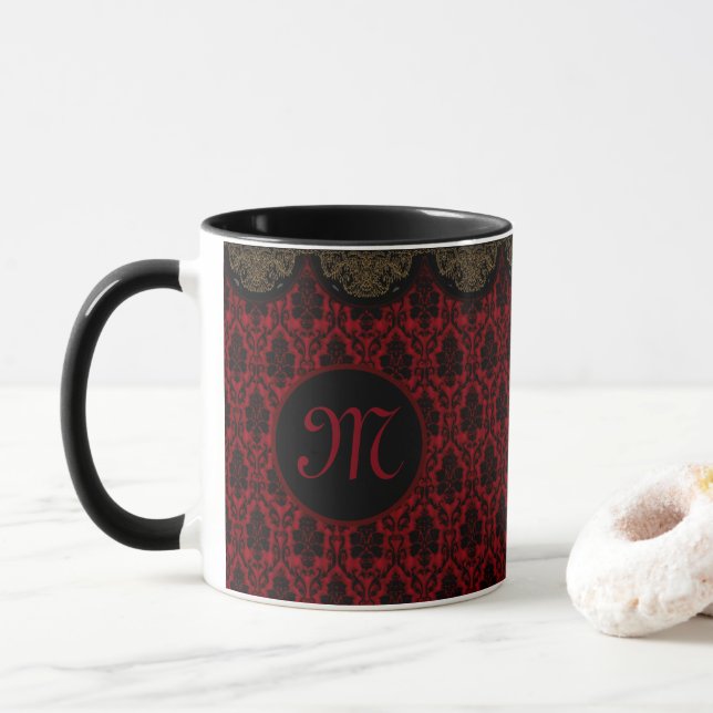 Rotschwarzer Damast mit Goldrand Tasse (Mit Donut)