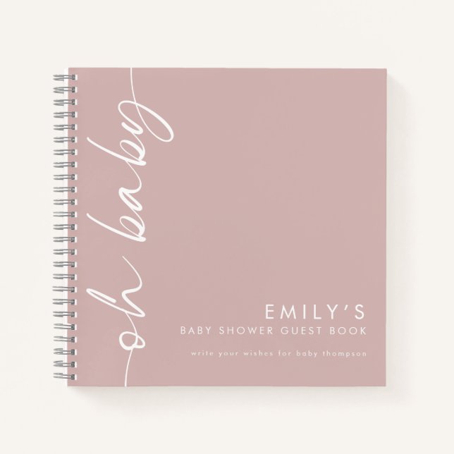 Rotte Text Dusty Rose Oh Baby Shower Gästebuch Notizbuch (Vorderseite)