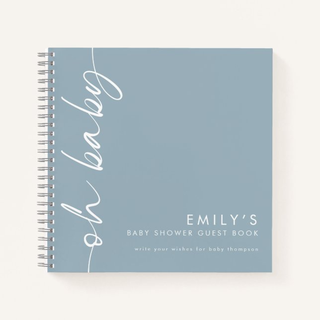 Rotter Text Dusty Blue Oh Baby Shower Gästebuch Notizbuch (Vorderseite)
