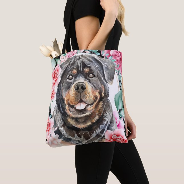 Rottweiler Aquarellhund Rose Tasche (Von Nahem)