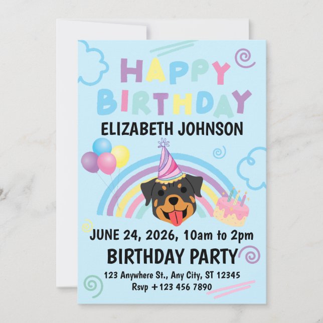 Rottweiler Birthday Party Invitation Blue Einladung (Vorderseite)