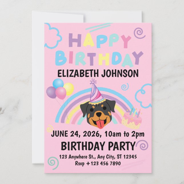 Rottweiler Birthday Party Invitation Pink Einladung (Vorderseite)