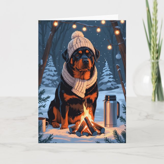 Rottweiler by Campfire Rustikale Winterurlaub Kuns Karte (Vorderseite)