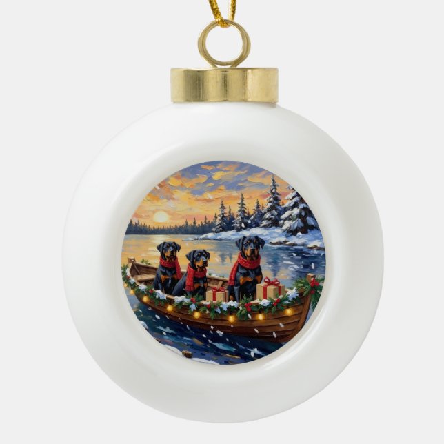 Rottweiler Christmas Boat Holiday Keramik Kugel-Ornament (Vorderseite)