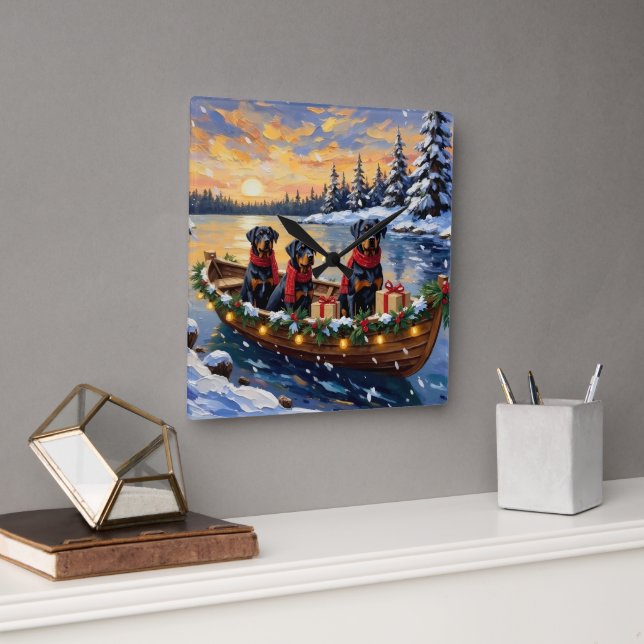 Rottweiler Christmas Boat Holiday Quadratische Wanduhr (Büro)