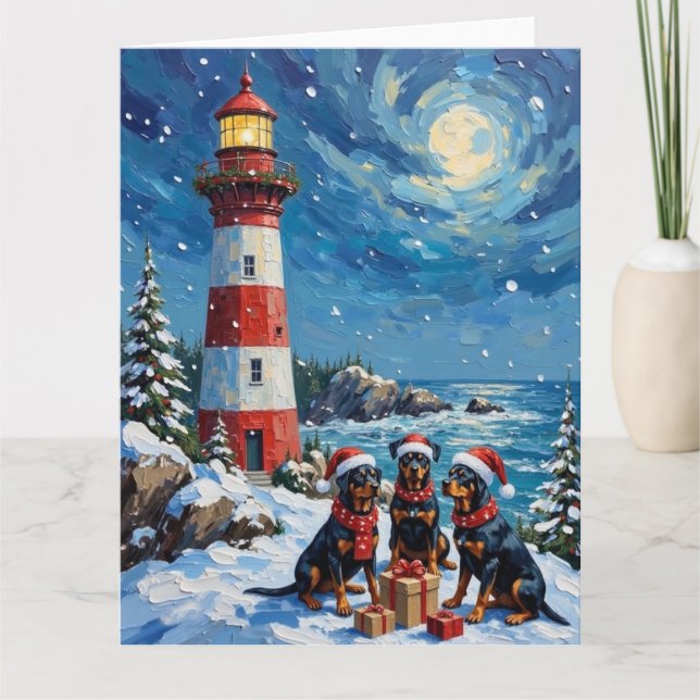 Rottweiler Christmas Lighthouse Holiday Karte (Vorderseite)