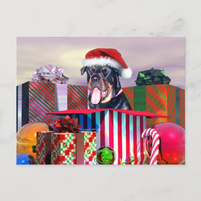 Rottweiler Christmas Surprise Feiertagspostkarte (Vorderseite)