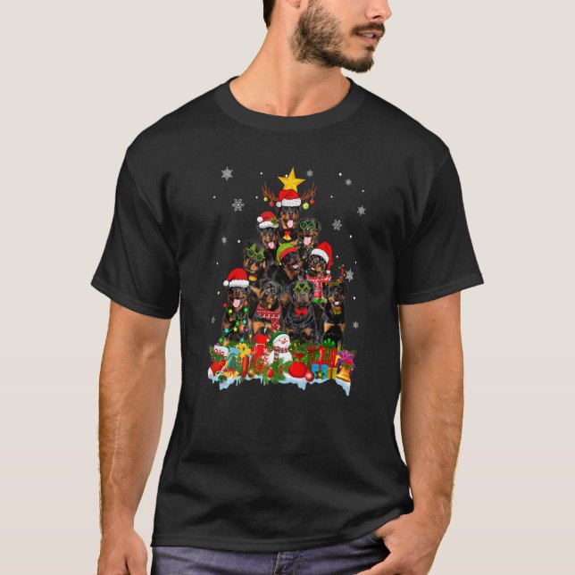 Rottweiler Dog Christmas Tree Lights Xmas Santa Ha T-Shirt (Vorderseite)