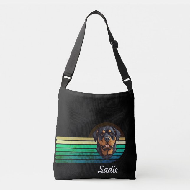 Rottweiler Dog Custom Name Retro Stripe Tragetaschen Mit Langen Trägern (Vorderseite)