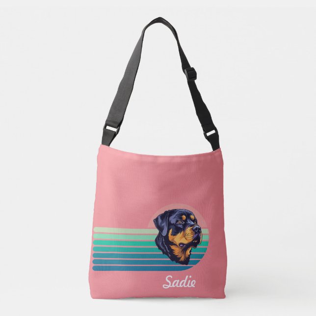 Rottweiler Dog Custom Name Retro Stripe Tragetaschen Mit Langen Trägern (Vorderseite)