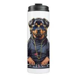 Rottweiler Dog Dj mit Turntable und Kopfhörern Thermosbecher