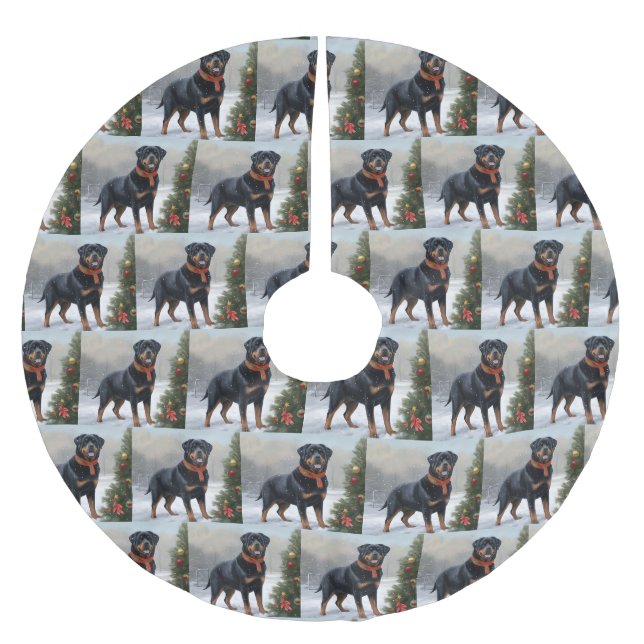 Rottweiler Dog in Schnee Weihnachten Polyester Weihnachtsbaumdecke (Vorderseite)