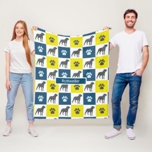 Rottweiler Dog & Paw Print Yellow Grid Silhouette Fleecedecke