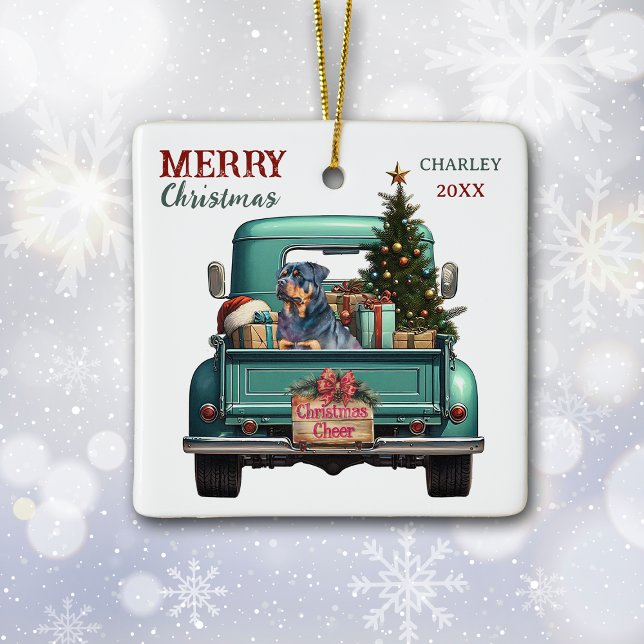 Rottweiler Dog Retro Truck Christmas Keramikornament (Von Creator hochgeladen)