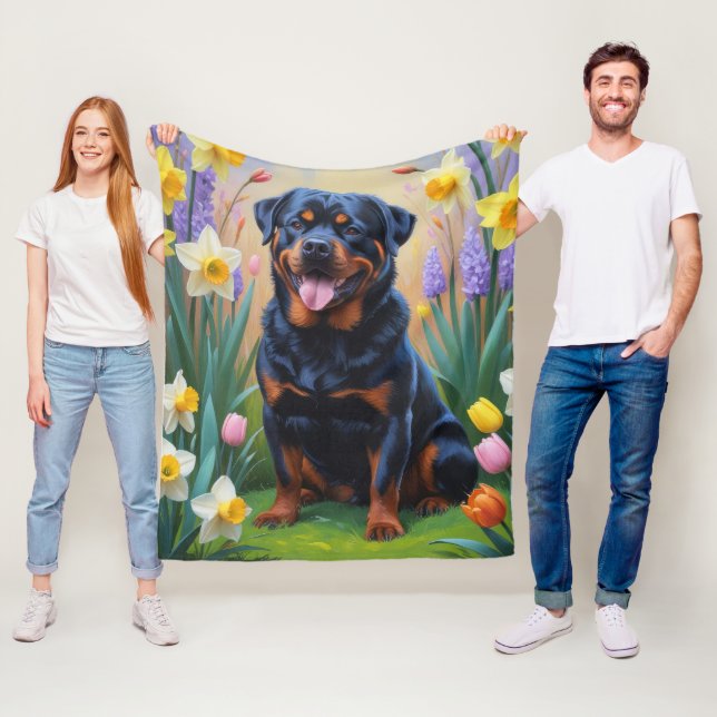 Rottweiler Dog Spring Flowers Malerei Fleecedecke (Beispiel)