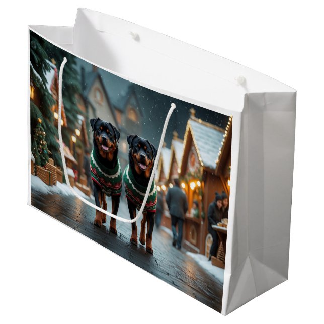 Rottweiler Dogs Christmas Snow Holiday Große Geschenktüte (Vorderseite Schrägansicht)