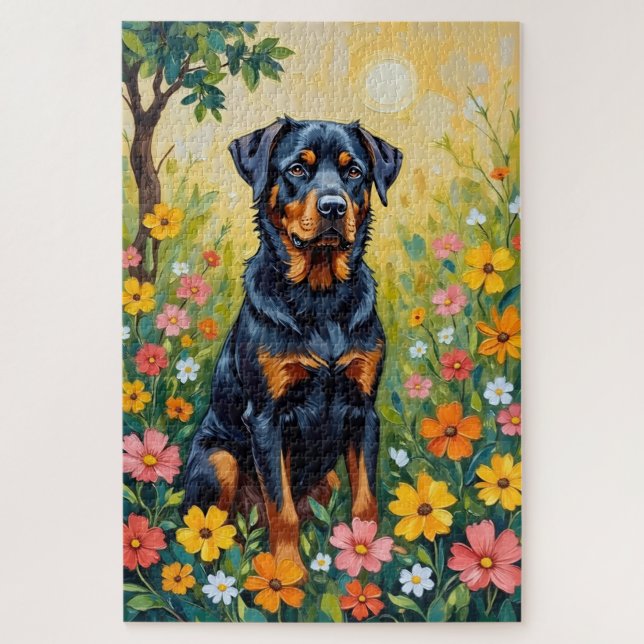 Rottweiler Frühlingsgarten Blumen Hund (Vertikal)