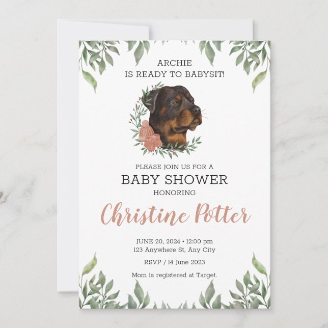 Rottweiler Girl Dog Boho Greenery Baby Shower Einladung (Vorderseite)