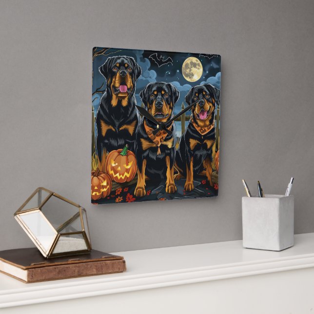 Rottweiler Halloween Spooky Quadratische Wanduhr (Büro)