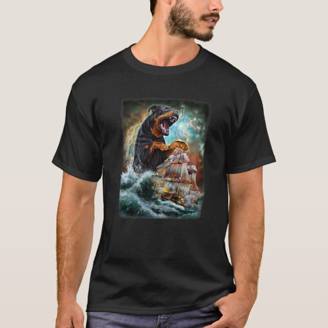Rottweiler Hund als Kraken ein Kriegsschiff auf Ho T-Shirt (Vorderseite)