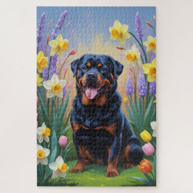 Rottweiler-Hund-Frühlingsblumen-Gemälde (Vertikal)