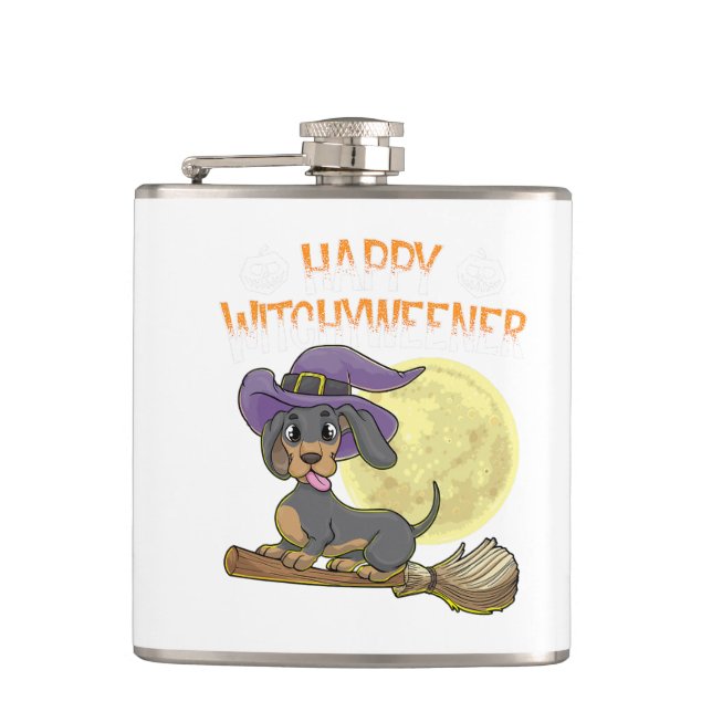 Rottweiler Hund Happy Halloween Hexen Flachmann (Vorderseite)