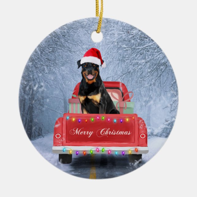 Rottweiler Hund im Schnee sitzend im Weihnachtswag Keramik Ornament (Vorne)