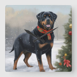 Rottweiler Hund im Schnee Weihnachten Quadratische Wanduhr