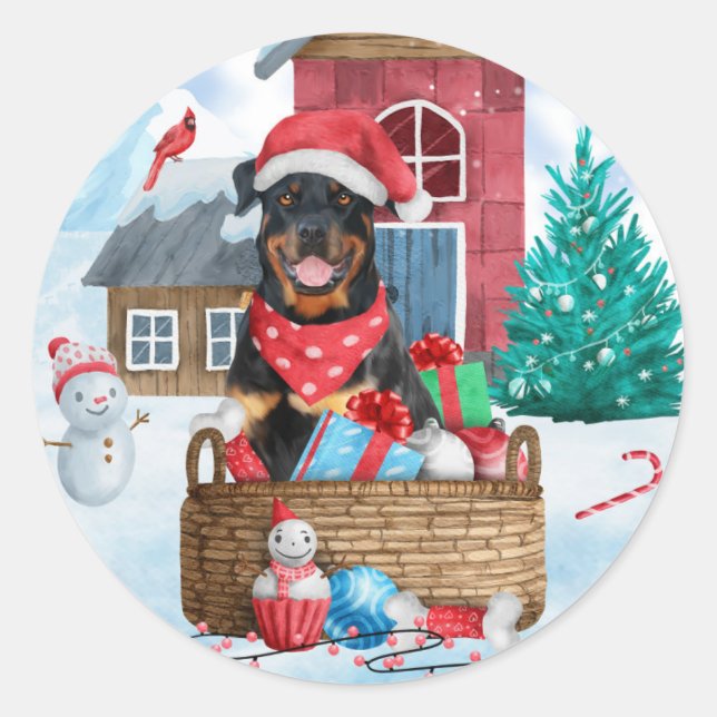 Rottweiler Hund im Schnee Weihnachtshaus Runder Aufkleber (Vorderseite)