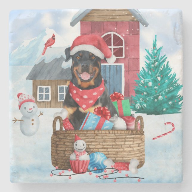 Rottweiler Hund im Schnee Weihnachtshaus Steinuntersetzer (Vorderseite)