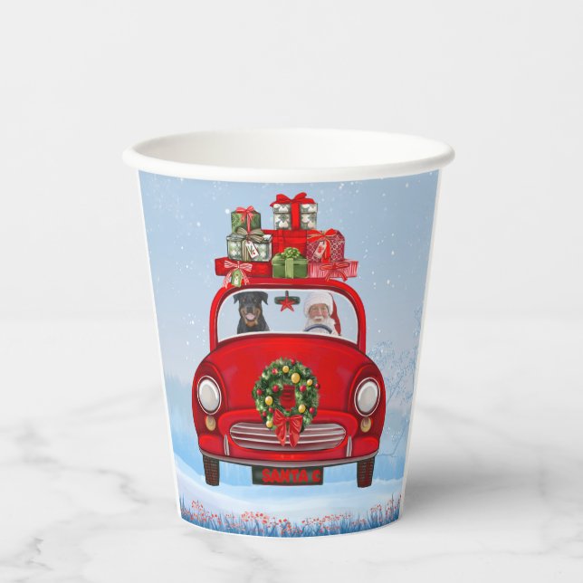 Rottweiler Hund in Auto mit dem Weihnachtsmann Pappbecher (Vorderseite)