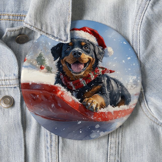Rottweiler Hund in Sledge Let it Schnee Weihnachte Button (Beispiel)