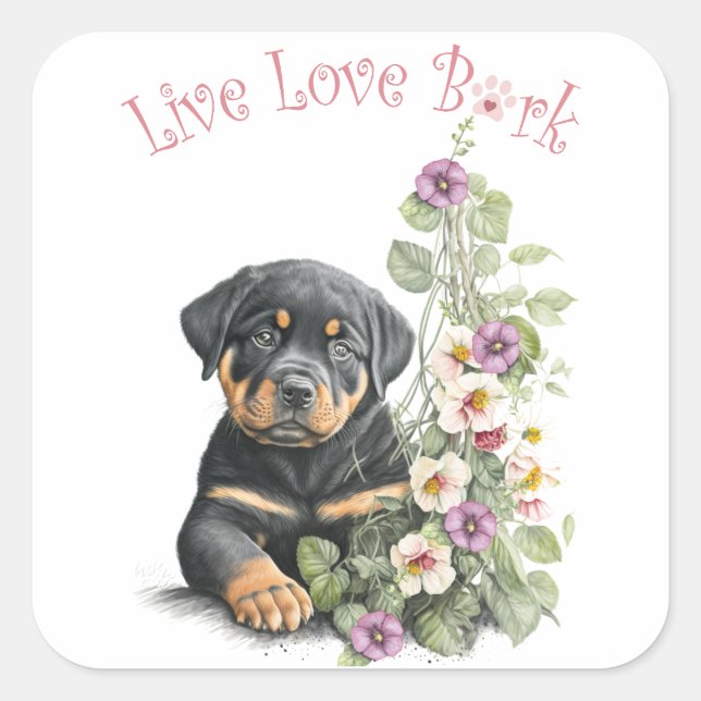 Rottweiler Hund Mama Floral Quadratischer Aufkleber (Vorderseite)