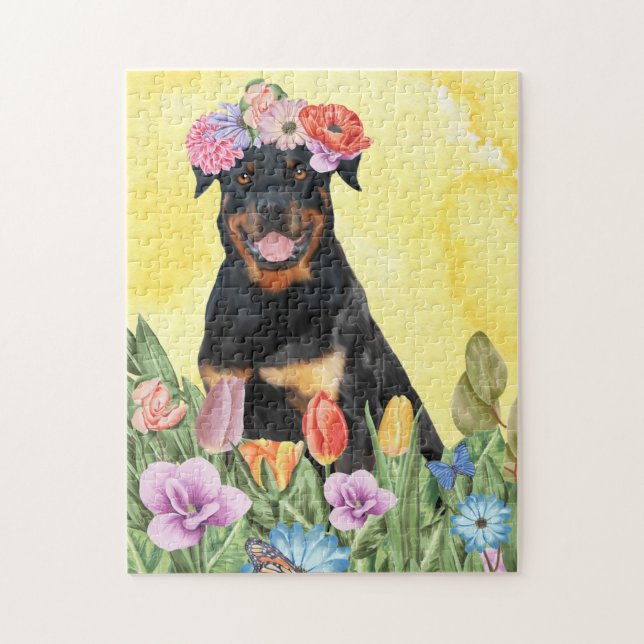 Rottweiler Hund mit Blume Frühjahr (Vertikal)