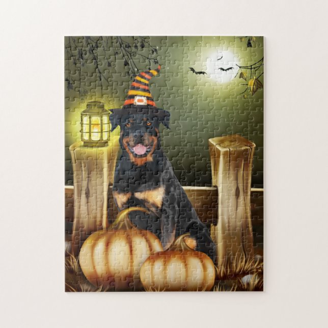 Rottweiler Hund mit Hexenhut Halloween (Vertikal)